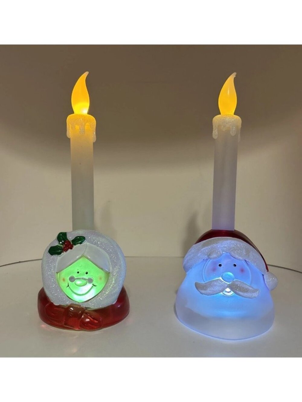 Frosted Acrylic Santa Mrs Santa Light Up Battery Candlesticks Flickering 9” - Picture 1 of 8
